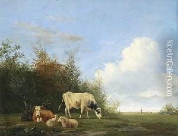 Kuhe Und Schafe Auf Der
 Weide. Oil Painting - Johannes Jacobus Heppener