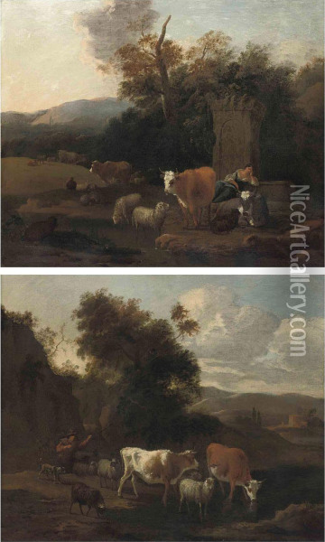 A Wooded Landscape With A Drover And Her Cattle At Rest Byclassical Ruins Oil Painting - Michiel Carre