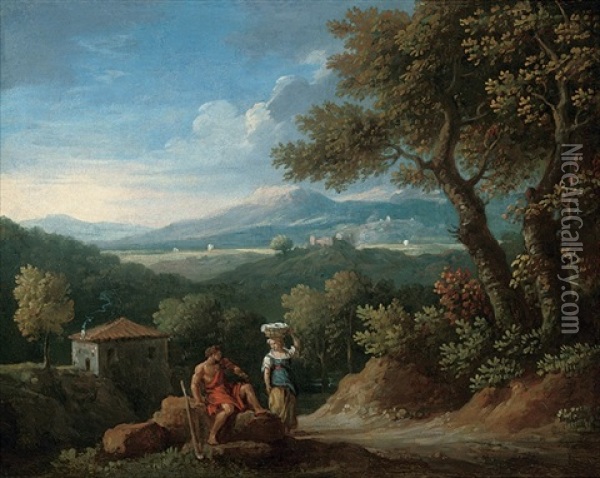 A Wooded Landscape With A Shepherd And A Washerwoman Conversing Oil Painting - Jan Frans van Bloemen