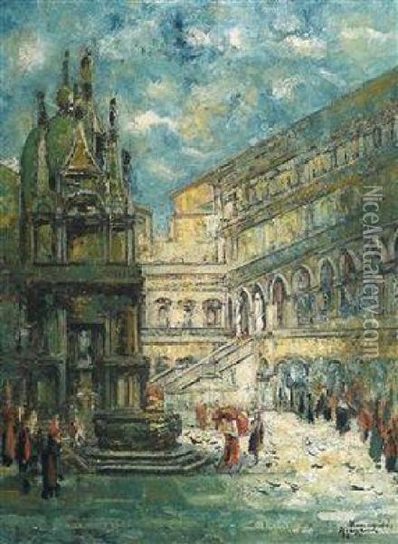 Courtyard In Venice Oil Painting - Ermenegildo Agazzi