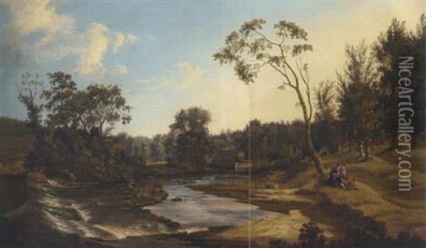 A View Of The Weir In Lucan House Demesne, Co. Dublin, With An Elegant Couple Seated Under A Tree In The Foreground Oil Painting - Thomas Roberts