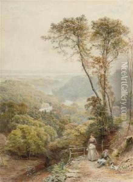 Figures And A Dog Overlooking Mobury Vale, Yorkshire Oil Painting - Ebenezer Wake Cook