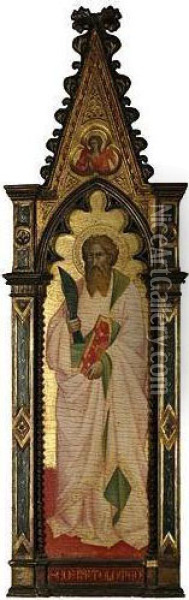 Saint Bartholomew; An Angel In The Trefoil Above Oil Painting - Agnolo Gaddi