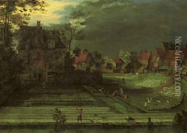 A town with figures working in bleaching fields in the foreground Oil Painting - Pieter Gysels