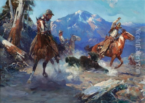 Cowboys Roping The Bear Oil Painting - Frank Tenney Johnson