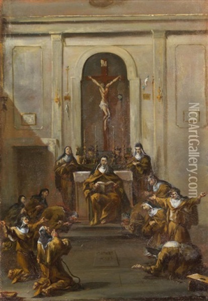 Nuns Praying In A Church Oil Painting - Alessandro Magnasco