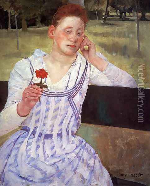 Reverie (or Woman with a Red Zinnia) Oil Painting - Mary Cassatt