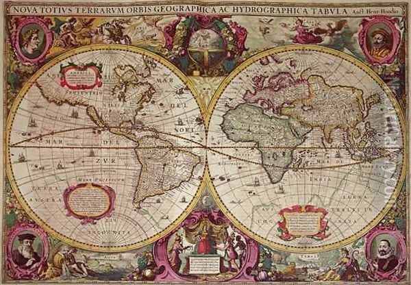A New Land and Water Map of the Entire Earth Oil Painting - Henricus Hondius