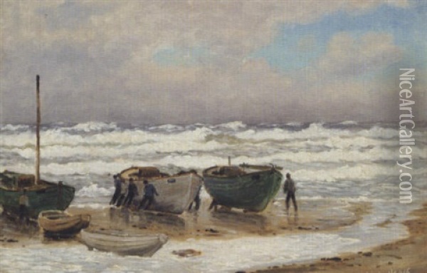 Fiskere Ved Deres Bade I Strandkanten Oil Painting - Christian Blache