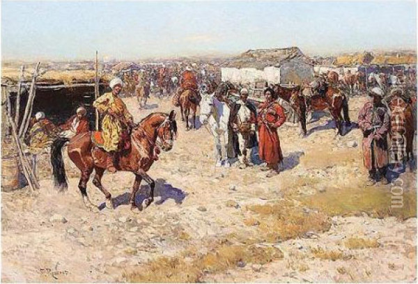 Central Asian Horse Market Oil Painting - Franz Roubaud
