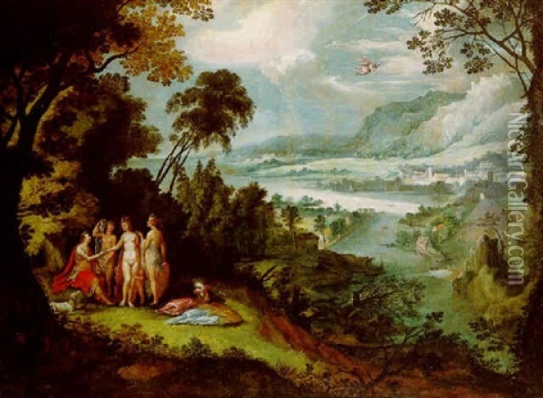 An Extensive Landscape With The Judgement Of Paris, Mercury In The Sky Beyond Oil Painting - Joos de Momper the Younger