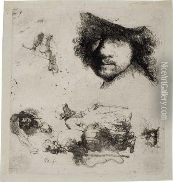 Sheet Of Studies: Head Of The Artist, A Beggar Couple Oil Painting - Rembrandt Van Rijn