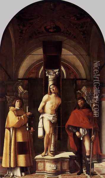 St Sebastian with St Roch and St Lawrence 1500 Oil Painting - Giovanni Buonconsiglio