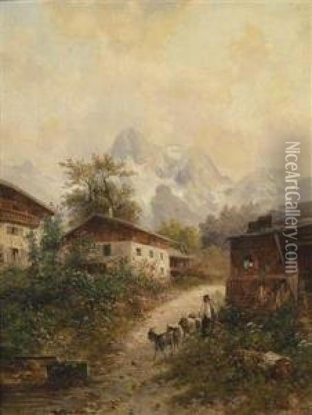 A Scene In The Lofer Region, The Seinberge, A Mountain Range, In The Background Oil Painting - Emil Barbarini