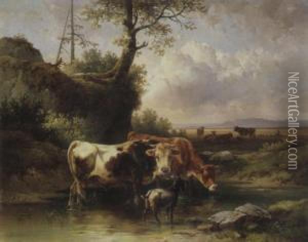 Rindern Und Einer Ziege Am Wasser Oil Painting - Edmund Mahlknecht