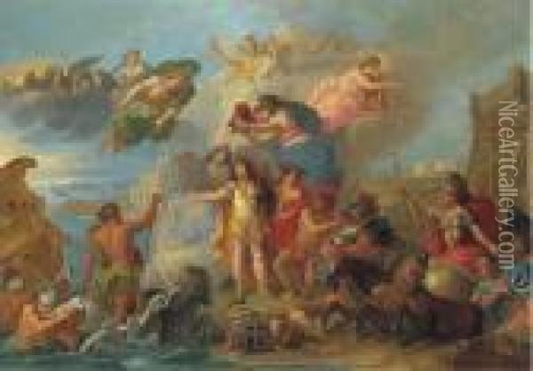 Louis Xiv Armed On The Land And On The Sea Oil Painting - Charles Lebrun