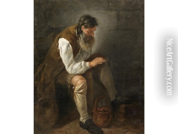 A Bearded Man Seated Before A Fireplace Oil Painting - Noel Halle