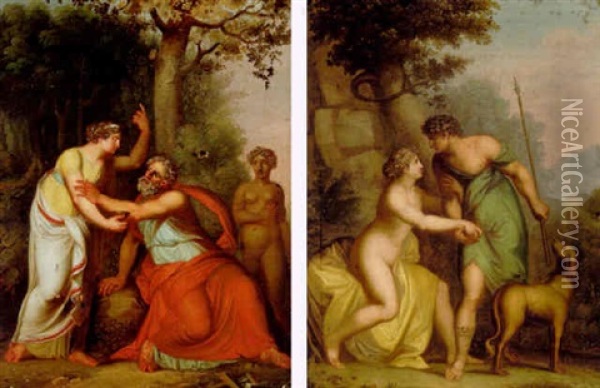 Mytologisk Sceneri - Ung Pige Der Byder En Gammel Mand En Drik Under Et Trae Oil Painting - Carl Probsthayn