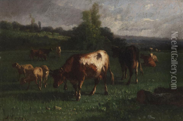 Cows And Sheep In A Pasture Oil Painting - Andres Cortes Yaguilar