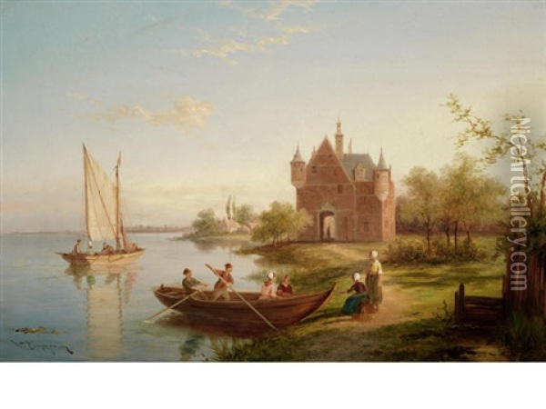 Rentz Castle On The Moselle (+ Zonnenberg On The River Spaarne, Holand; Pair) Oil Painting - William Raymond Dommersen