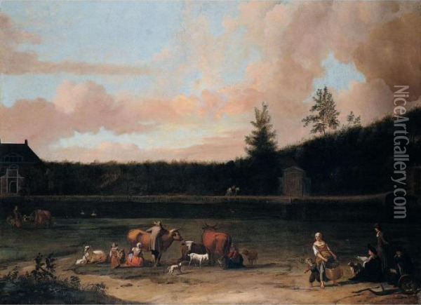 A River Landscape With The Artist In The Foreground Sketching A House Oil Painting - Ludolf Backhuysen