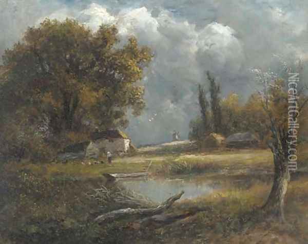 A figure feeding the chickens by a pond in a wooded landscape Oil Painting - English School