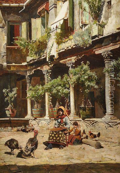 Les Jeunes Filles Dans Un Patio Fleuri Oil Painting - William Logsdail