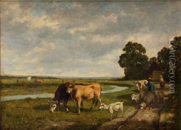 Berger Et Son Troupeau Oil Painting - Rene-Joseph Menard