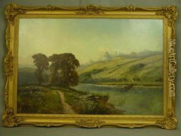 River Landscape Withdistant Moorland Oil Painting - John Syer