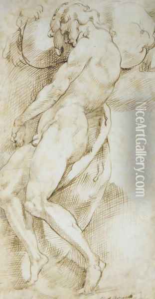 A nude man carrying a boulder Oil Painting - Bartolomeo Passarotti