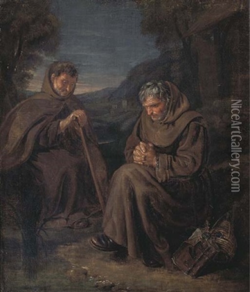 Monks Praying In A Landscape Oil Painting - Giuseppe Gambarini