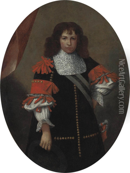 Portrait Of A Gentleman, Three-quarter-length, In A Black Coat With Red Ribboning And A Sash Oil Painting - Carlo Ceresa