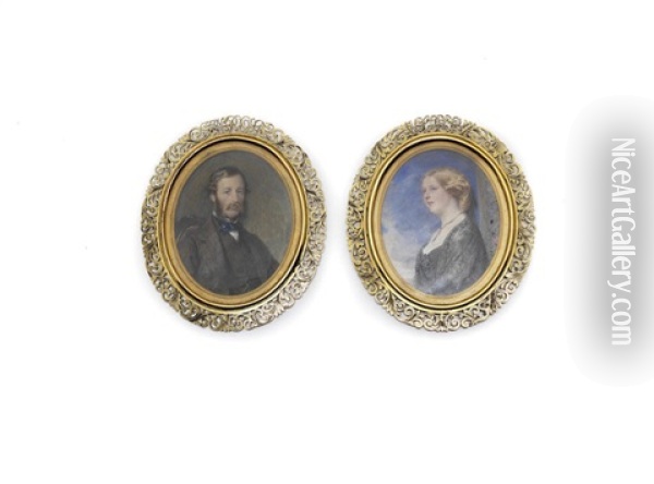 Two Portrait Miniatures Of Lord And Lady Harlech: He Seated, Wearing A Brown Coat And Waistcoat; She Standing, Wearing A Black Dress And Lace Veil Oil Painting - Reginald Easton