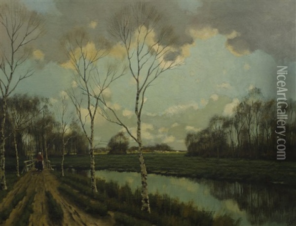 Woman Walking On A Dutch Canal Path Oil Painting - Tinus de Jongh