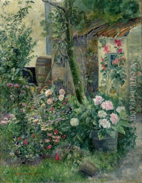 Idyllischer Hinterhof Mit Blumen Im Sommer Oil Painting - Hugo Charlemont
