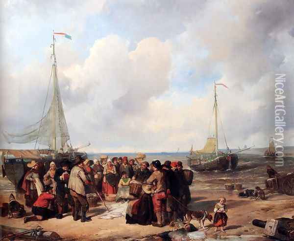 De afschlag van visch aan het strand te Scheveningen: a fish auction on the beach Oil Painting - Herman Frederik Carel ten Kate