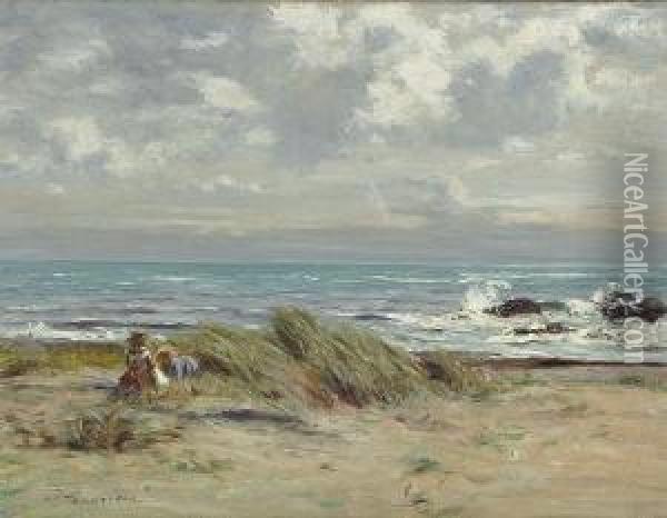 A Beach Scene With Children Playing Oil Painting - John Henderson