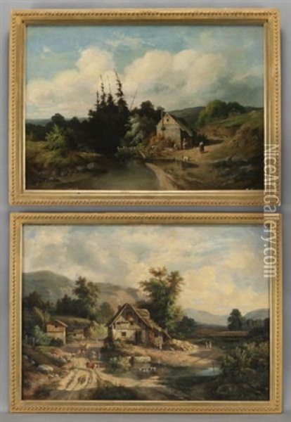 Peasants On The Farm (pair) Oil Painting - Benedikt Franz Hess