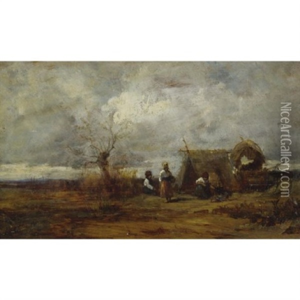 Gypsy Camp Oil Painting - Geza Meszoely