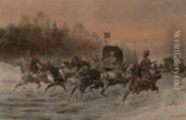 Russisk Vinterlandskab Med Kosakker Til Hest Oil Painting - Adolf (Constantin) Baumgartner-Stoiloff