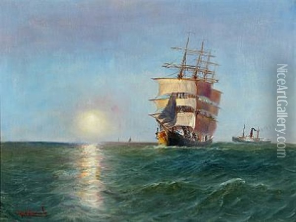 Seascape With A Full-rigged Ship And A Steamer In Low Sun Oil Painting - Alfred Serenius Jensen
