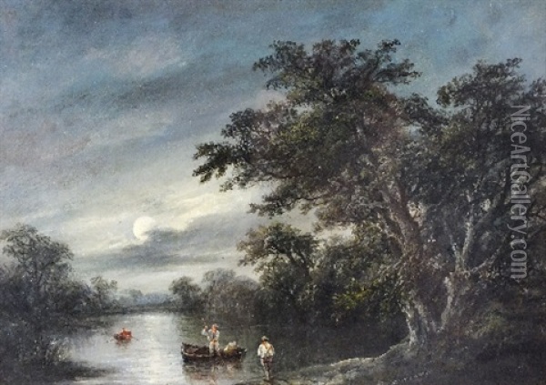Figures Beside A Boat On The River Orwell, By Moonlight Oil Painting - Robert Burrows