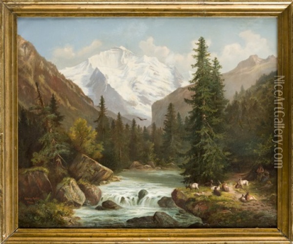 Alpenlandschaft Mit Am Fluss Rastenden Hirten Mit Ihren Ziegen Oil Painting - Hubert Sattler