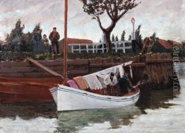 Ankerndes Segelboot An Schleusenwand Oil Painting - Hermann Seeger