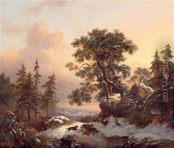 Winterlandschaft Mit Wolfen Oil Painting - Frederik Marinus Kruseman
