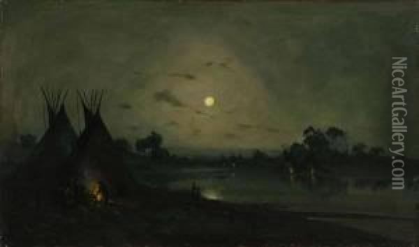 Indian Encampment In The Moonlight Oil Painting - Ramsome Gillet Holdredge