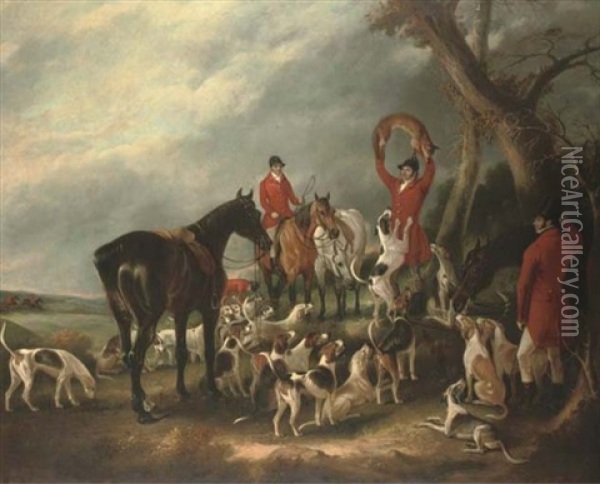 The Finish Of A Run With The Quorn Hunt, With The Huntsmen (from Right To Left) Sir Harry Goodricke (master Of The Hounds), Mountford (huntsman), Beers (whipper-in), And Will Derry (whipper-in) Oil Painting - John E. Ferneley