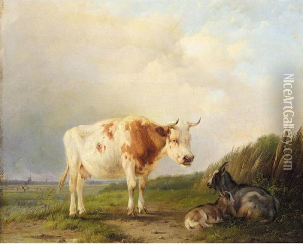 A Cow And Goats In A Field Oil Painting - Eugene Joseph Verboeckhoven