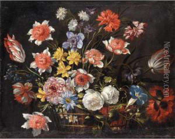 Still Life With Carnations, 
Tulips And Various Other Flowers In A Basket On A Stone Ledge Oil Painting - Nicolas Baudesson