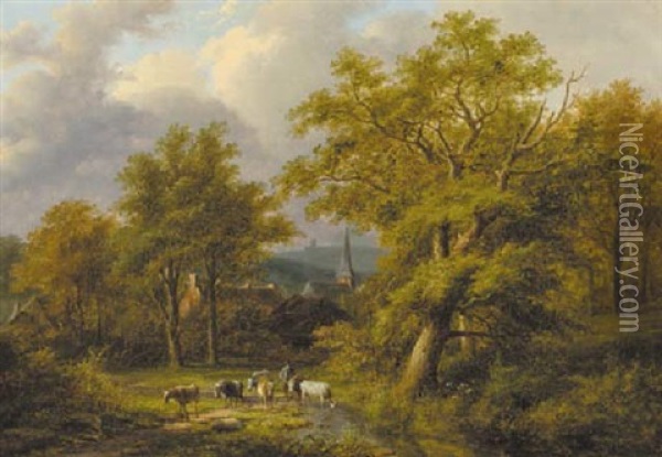 A Wooded Landscape With A Herdsman With Flock Oil Painting - Jan Evert Morel the Younger